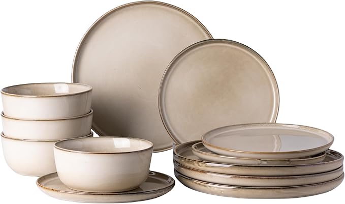 GBHOME Ceramic Dinnerware Sets for 4, 12 Pieces Stoneware Plates and Bowls Sets, Scratch Resistant Dishes, Dishwasher & Microwave Safe, Reactive Glaze-Cappuccino-HomvellaHome