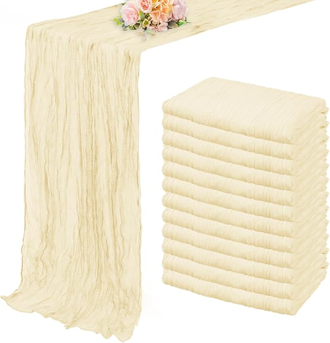 10FT 12 Pack Beige Cheesecloth Table Runner 20 x 120 Inch Long Rustic Gauze Fabric Cheese Cloth Table Runner for Wedding Bridal Baby Shower Table Decorations Boho Sheer Birthday Party Table Decor-HomvellaHome