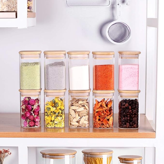10 Pcs Glass Spice Jars - 8oz Empty Square Spice Storage Containers With Bamboo Airtight Lid and Labels - Thicken Small Glass canister for Kitchen Seasoning,Coffee Bean,Tea,Suger,Herbs-HomvellaHome