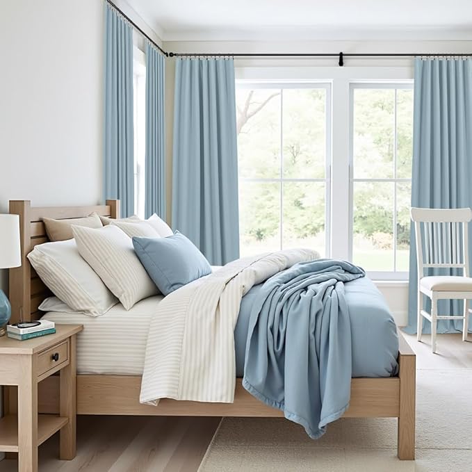 100% Blackout Curtains 90 Inches Long for Living Room 2 Panels Set Light Blocking Heat Darkening Energy Saving Curtain Window Coverings Coastal Beach Linen Farmhouse Drapes Bedroom Stone Blue Chambray-HomvellaHome