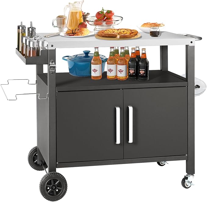 Grill Cart Table with Big Storage Cabinet, Movable Outdoor Dining Cart Pizza Oven Stand, Kitchen Cart Island Multifunction Food Prep Table Stainless Steel Surface-HomvellaHome
