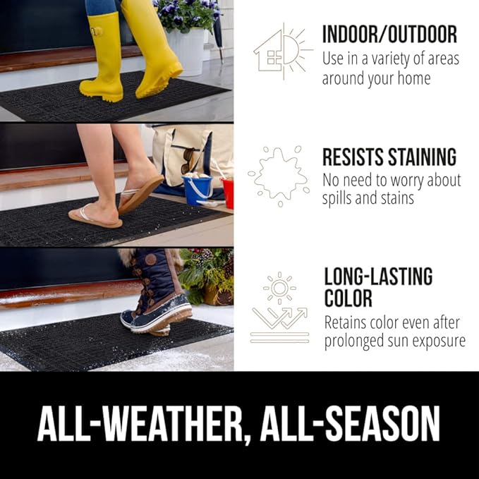GORILLA GRIP 100% Waterproof All-Season WeatherMax Doormat, 72x24, US Designed Natural Rubber, Stain and Fade Resistant, Low Profile Indoor Outdoor Door Mats, Easy Clean Patio Mat, Black Maze-HomvellaHome
