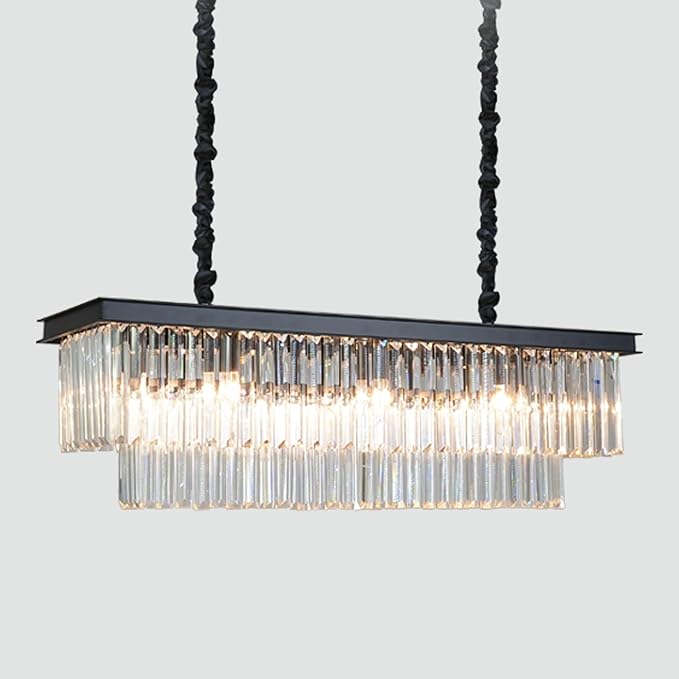 12-Lights Modern Rectangular Crystal Chandeliers Rectangle Contemporary Linear Pendant Ceiling Light Fixture for Kitchen Island Dining Room Bar, Black 47 Inch-HomvellaHome
