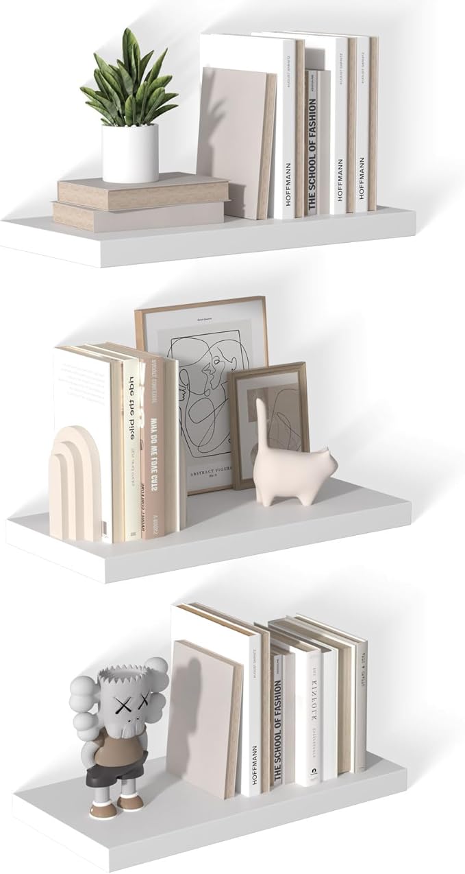 12 Inch Deep Floating Shelves for Wall 3 Pack White Floating Shelves Large Storage Space Wall Mount Shelf for Living Room Kitchen Bathroom 24" W x 12" D x 1.2" H White-HomvellaHome