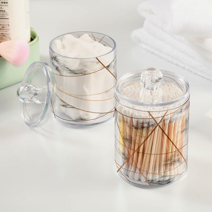 2 Pack Qtip Holder Dispenser White Marble Gold Line Bathroom Storage Canister Lid Acrylic Plastic Apothecary Jar Set Vanity Makeup Organizer for Cotton Swabs/Pads/Floss-HomvellaHome