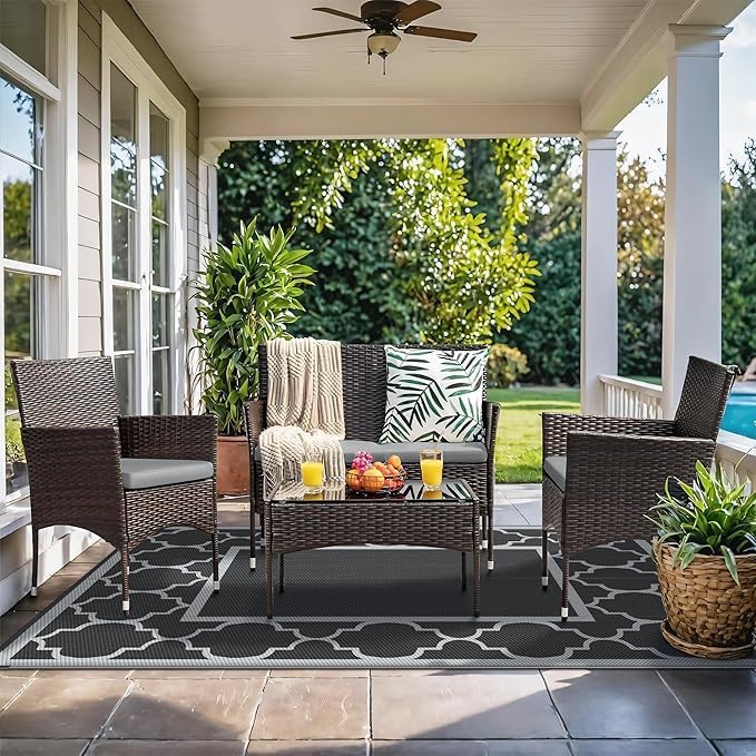 GENIMO Outdoor Rug Waterproof for Patio Decor, 6'x9' Reversible Plastic Straw Rug Carpet, Camping Mats for Outdoor, RV, Backyard, Deck, Balcony, Picnic, Black & Grey-HomvellaHome