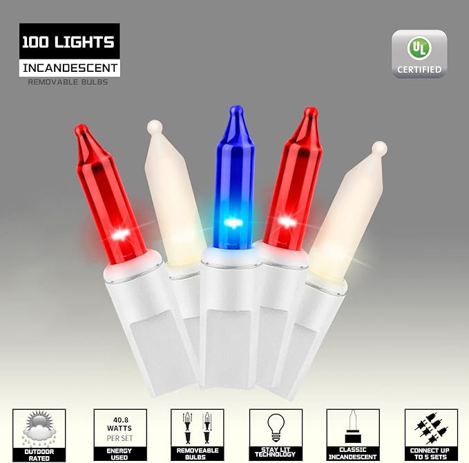 100LIGHTS RED White and Blue Extra-Bright with End Connectors 4th July Decoration Patriotic Mini String Lights 5.98m UL Certified Waterproof for Home Garden Holiday Tree Party Patio-HomvellaHome