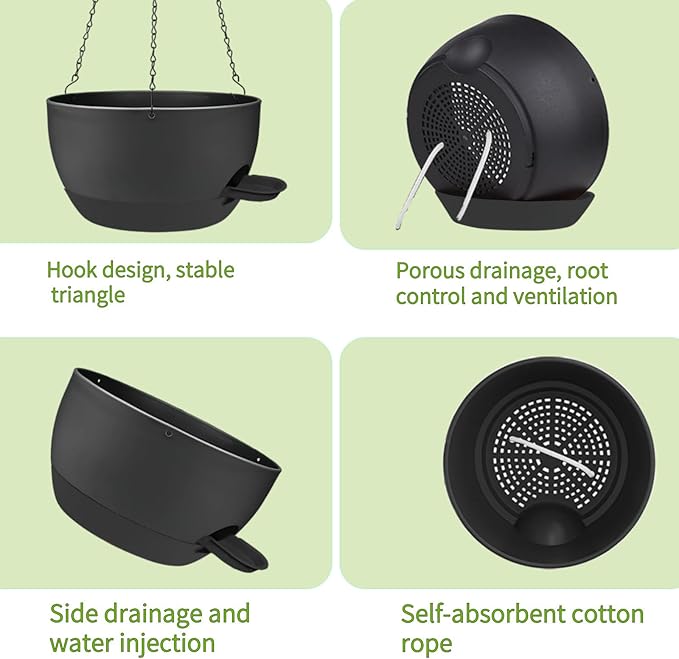2 Pack Hanging Planters for Indoor Outdoor Plants, 12 Inch Self Watering Hanging Pot with Drainage Holes and Saucer, Plastic Plant Pots, Black Flower Pots for Kitchen, Balcony, Garden-HomvellaHome
