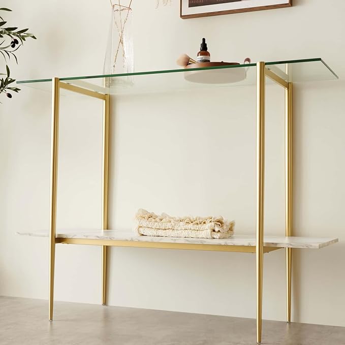 Glass Console Table for Living Room, Foyer & Entrance, 2-Tiers Mid-Century Modern Sofa Table with Clear Glass Top, White Marble Finish Wood Shelf and Gold Finish Frame-HomvellaHome