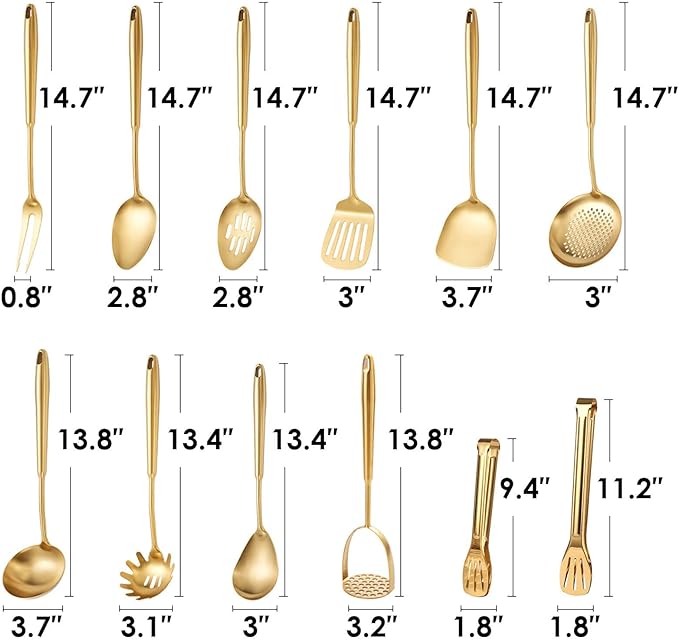 Gold Kitchen Utensils Set, 12 PCS Brass Matte Serving Utensils, 18/10 Stainless Steel All Metal Cooking Tools - Potato Masher, Tongs, Meat Fork, Spatula, Turner, Ladle, Skimmer, Spaghetti Spoon Set-HomvellaHome