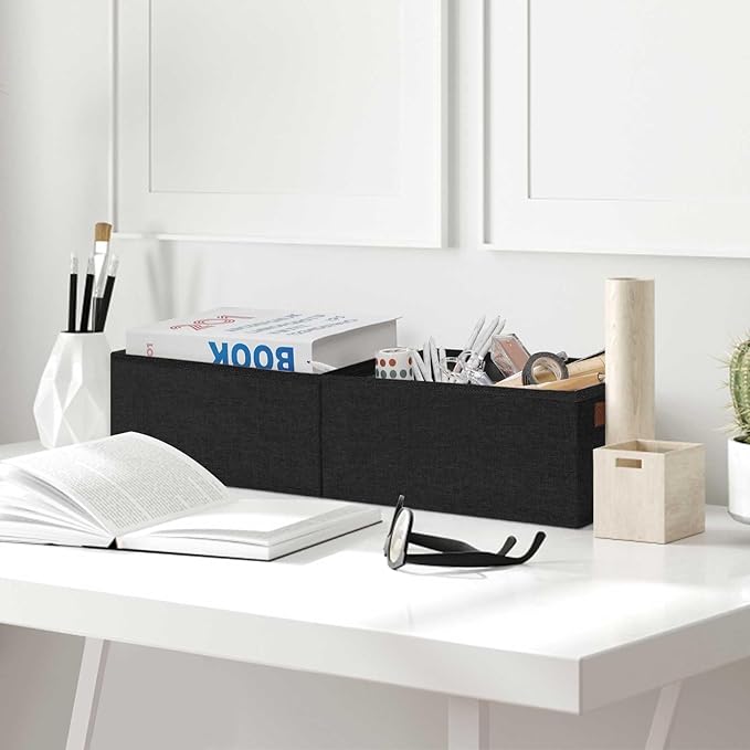 GhvyenntteS Small Fabric Storage Bins 6 Pack, 11.8" x 7.87" x 5.11" Storage Basket with Leather Handles, Closet Storage Bins for Shelves, Storage Baskets for Shelves, DVD Storage (Black)-HomvellaHome