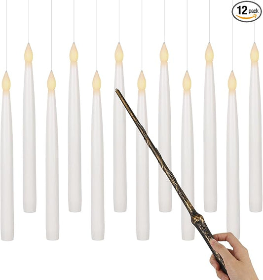 GenSwin 10.8" Floating Candles with Magic Wand Remote Timer, Flameless Taper Candles Flickering Battery Operated, LED Electric Hanging Window Candle Christmas Halloween Decorations(12 Pack, White)-HomvellaHome
