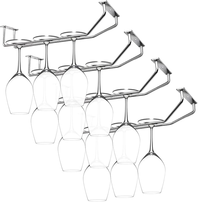 10.8 Inch Wine Glass Rack, Under Cabinet Wine Glass Holder, Wine Glass Hangers Under Shelf, Chrome Finish Stemware Rack, Hanging Stemware Holder for Cabinet Kitchen Bar, Set of 4-HomvellaHome