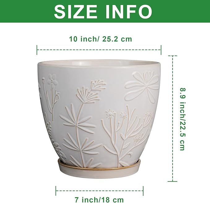 10 Inch Plant Pot Ceramic Planter Pot with Drainage Hole and Saucer Round Planter Large Flower Pot for Indoor Outdoor Plants Home Garden Decor White-HomvellaHome