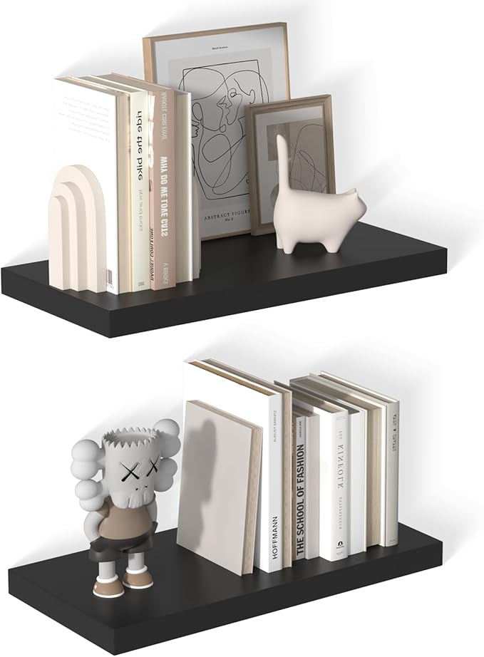 12 Inch Deep Floating Shelves for Wall 2 Pack Floating Shelves Large Storage Space Wall Mount Shelf for Living Room Kitchen Bathroom 24" W x 12" D x 1.2" H Black-HomvellaHome