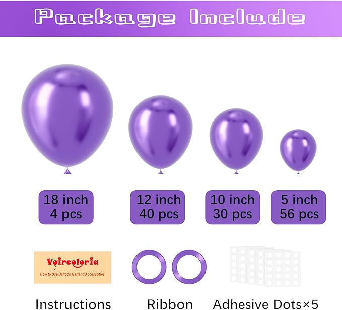 130pcs Metallic Purple Balloons Different Sizes 18" 12" 10" 5" Chrome Purple Latex Balloon Garland Arch Kit for Birthday Baby Shower Graduation Wedding Gender Reveal Party Decorations-HomvellaHome