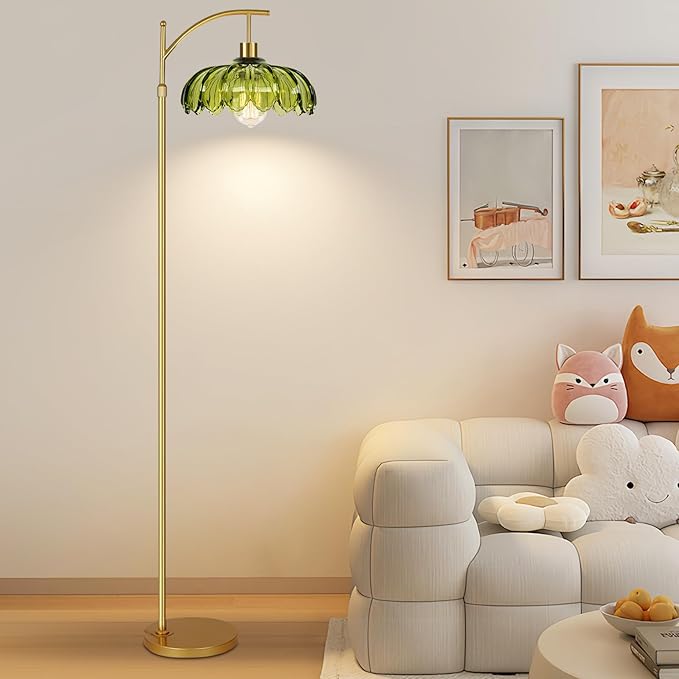 Gold Floor Lamps for Living Room Glass Vintage Floor Lamp with Remote Control,Dimmable Mid Century Modern Standing Lamp with 3 Color Temperature Tall Flower Lamp Brass Floor lamp for Bedroom Corner-HomvellaHome