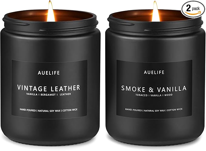 2 Pack Men Candles | Smoke & Vanilla + Vintage Leather - Scented Candles for Men - Masculines Candle - Soy Candle for Home Scented, Man Gifts, Black Jar - 7oz-HomvellaHome