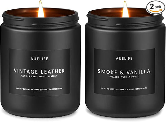 2 Pack Men Candles | Smoke & Vanilla + Vintage Leather - Scented Candles for Men - Masculines Candle - Soy Candle for Home Scented, Man Gifts, Black Jar - 7oz-HomvellaHome