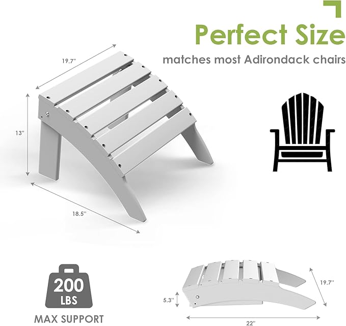 GREENVINES Adirondack-Ottoman | Set of 2 | HDPE Plastic | Outdoor Footrest | All Weather | Foot Rest | Foot Stool | White | for Adirondack Chair | for Patio Backyard Pool-HomvellaHome