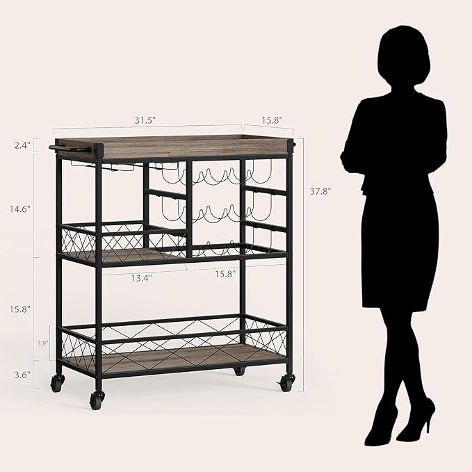 Gizoon Rolling Bar Cart, a Versatile Beverage Cart with a Removable Tray, 12-Bottle Wine Rack, and Glass Holder, The Bar Cart is Perfect for Kitchen, Dining Room, or Outdoor Use (Gray)-HomvellaHome