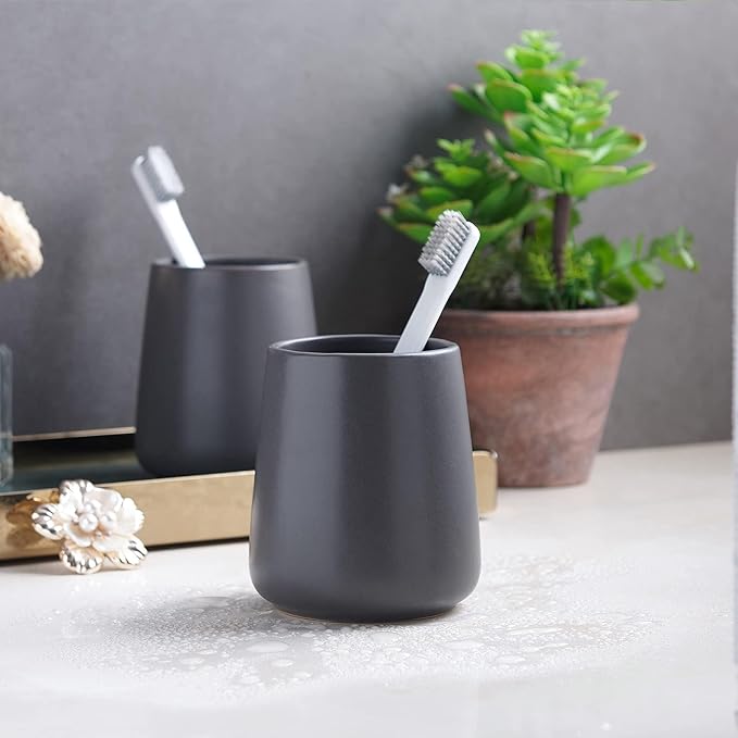 Grey Toothbrush Holder for Bathroom - Ceramic Tooth Brushing Holders, Toothpaste Holder, Reusable Toothbrush Mouthwash Cup, Space-Saving Design for Bathroom Countertop-HomvellaHome