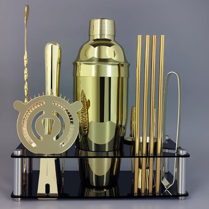 14-Piece Cocktail Shaker Set Bartender Kit with Black Stand, Bar Tool Set for Drink Mixing Bartending Kit Bar Sets Accessories: 750ml(25oz) Shaker, Jigger, Muddler, Cocktail Recipes (Gold)-HomvellaHome