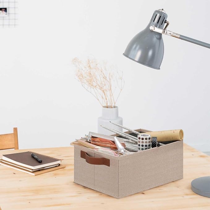 GhvyenntteS Small Fabric Storage Bins 12 Pack, 11.8" x 7.87" x 5.11" Storage Basket with Leather Handles, Closet Storage Bins for Shelves, Storage Baskets for Shelves, DVD Storage (Beige Yellow)-HomvellaHome