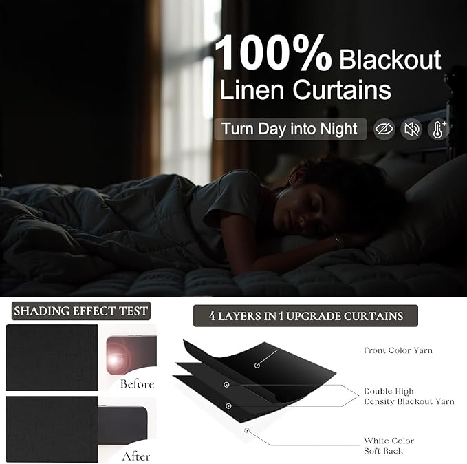102 Inch Curtains Black Out Linen Blackout Curtains for Bedroom Aesthetic 2 Panel Long Drapes Large Window Sun Light Blocker Custom Made Size Thermal Insulated Curtains for Living Room 52x102 Length-HomvellaHome