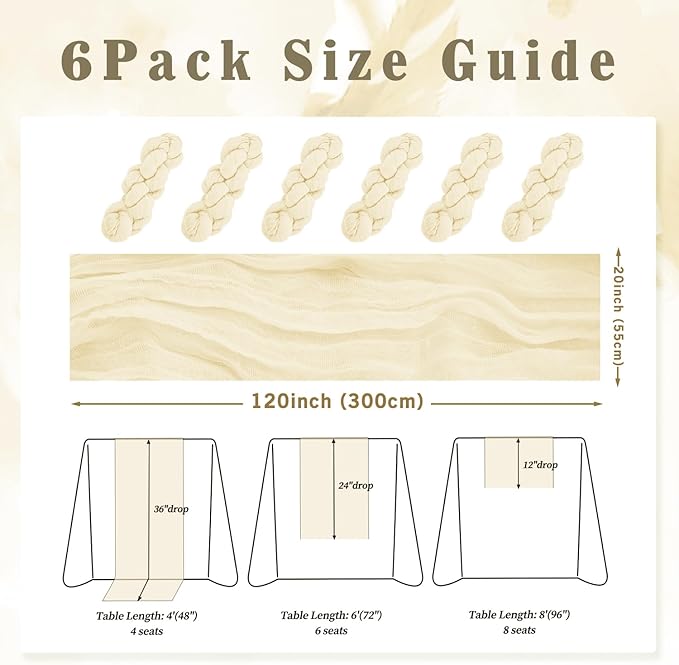 10FT 6 Pack Beige Cheesecloth Table Runner 20 x 120 Inch Long Rustic Gauze Fabric Cheese Cloth Table Runner for Wedding Bridal Baby Shower Table Decorations Boho Sheer Birthday Party Table Decor-HomvellaHome