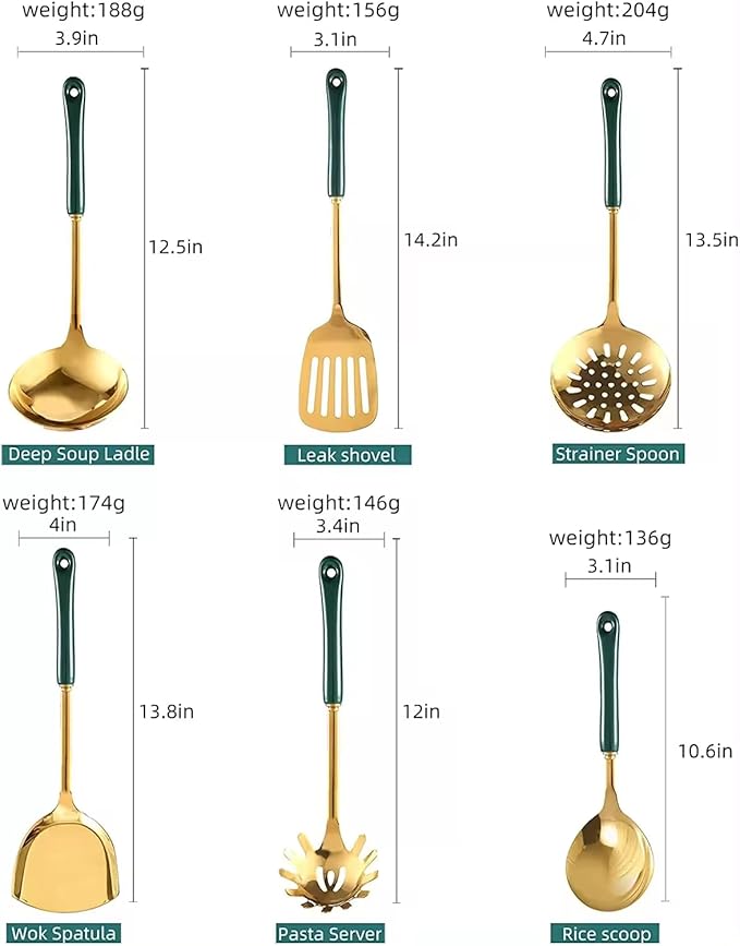Generic Stainless Steel Kitchen Utensil Set, Spoon, Spatula, Pasta Server, Small Spatula (Green & Gold)-HomvellaHome