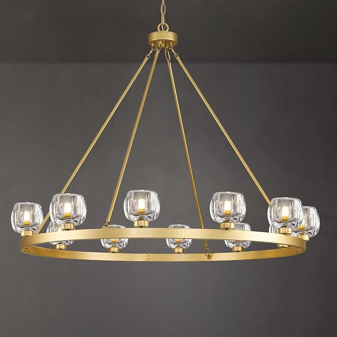 Gold Wagon Wheel Chandelier, 59 Inch Brass Chandeliers with Unique Glass Shade, 15-Light Crystal Large Wagon Wheel Chandeliers for Dining Room, High Ceiling Round Chandelier for Living Room, Foyer-HomvellaHome