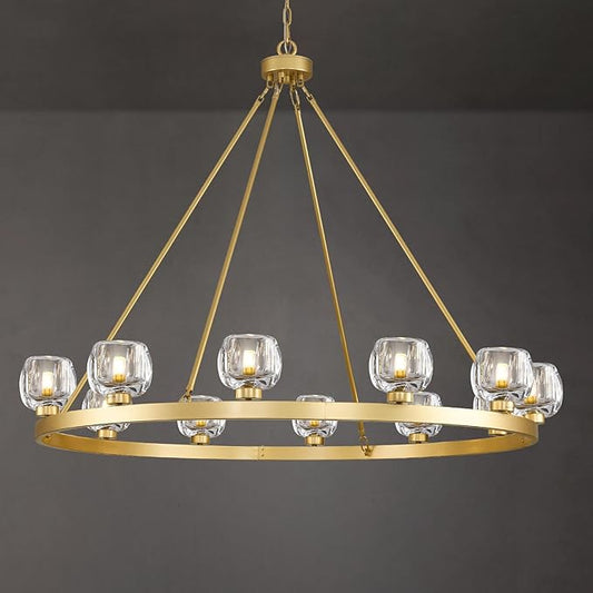 Gold Wagon Wheel Chandelier, 48 Inch Brass Chandeliers with Unique Glass Shade, 12-Light Crystal Large Wagon Wheel Chandeliers for Dining Room, High Ceiling Round Chandelier for Living Room, Foyer-HomvellaHome