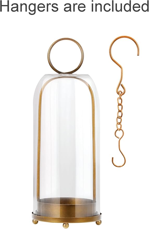 16" High Versatile Modern Metal Hurricane Lantern with Handmade Sturdy Glass Dome for Pillar Candle & Plants (Brass, 6.3"x16.5")-HomvellaHome