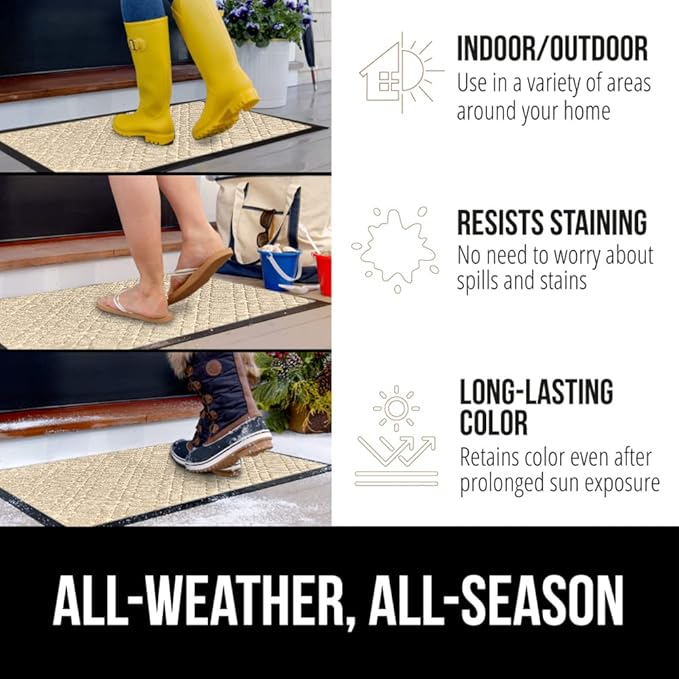 GORILLA GRIP 100% Waterproof All-Season WeatherMax Doormat, 72x24, US Designed Natural Rubber, Stain and Fade Resistant, Low Profile Indoor Outdoor Door Mats, Easy Clean Patio Mat, Modern Latte-HomvellaHome