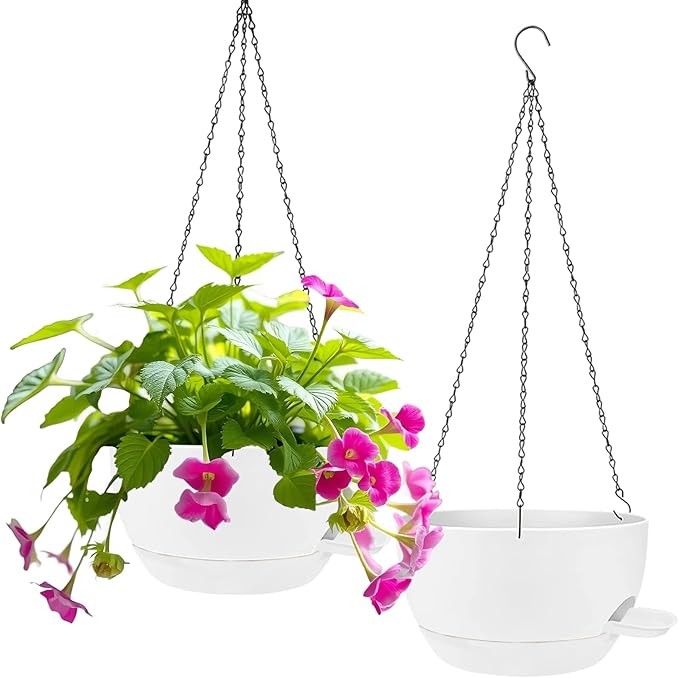 2 Pack Hanging Planters for Indoor Outdoor Plants, 8 Inch Self Watering Hanging Pot with Drainage Holes and Saucer, Plastic Plant Pots, White Flower Pots for Kitchen, Balcony, Garden-HomvellaHome