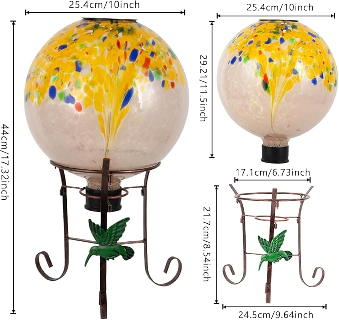 10" Diameter Solar Gazing Ball and 8.5" Metal Stand Indoor Outdoor Yard Art Ornament Coloful Spot Glass Globe Sphere Solar Gazing Balls for Garden,Lawn,Porch,Patio Birthday Gifts for Women,Mom-HomvellaHome