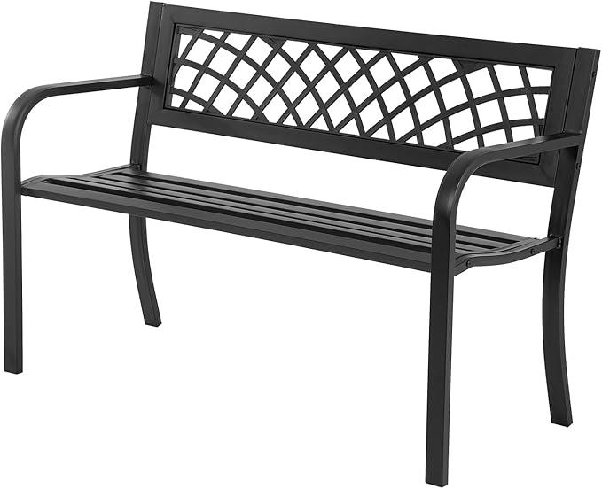 Garden Bench,Outdoor Benches,Iron Steel Frame Patio Bench with Mesh Pattern and Plastic Backrest Armrests for Lawn Yard Porch Work Entryway,Black-HomvellaHome
