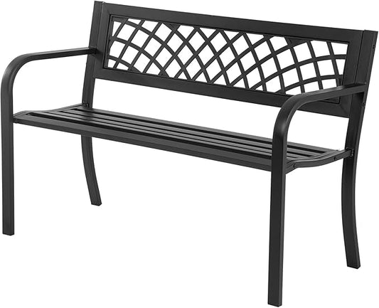 Garden Bench,Outdoor Benches,Iron Steel Frame Patio Bench with Mesh Pattern and Plastic Backrest Armrests for Lawn Yard Porch Work Entryway,Black-HomvellaHome