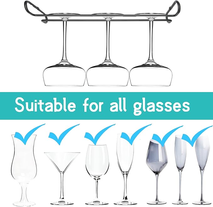10 Inch Wine Glass Rack Under Cabinet Shelf Stemware Storage Hanging Hanger Organizer Glasses Holder with Drying Under Counter Metal for Kitchen and Bar Set of 4 Black-HomvellaHome