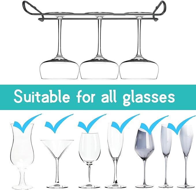 10 Inch Wine Glass Rack Under Cabinet Shelf Stemware Storage Hanging Hanger Organizer Glasses Holder with Drying Under Counter Metal for Kitchen and Bar Set of 2 Black-HomvellaHome