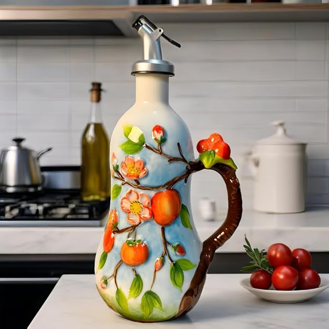 18.26oz/540ml Ceramics Olive Oil Dispenser Bottle,Hand Painted Reliefs Oil Dispenser for Kitchen,Oil Bottles for Kitchen (Persimmon)-HomvellaHome