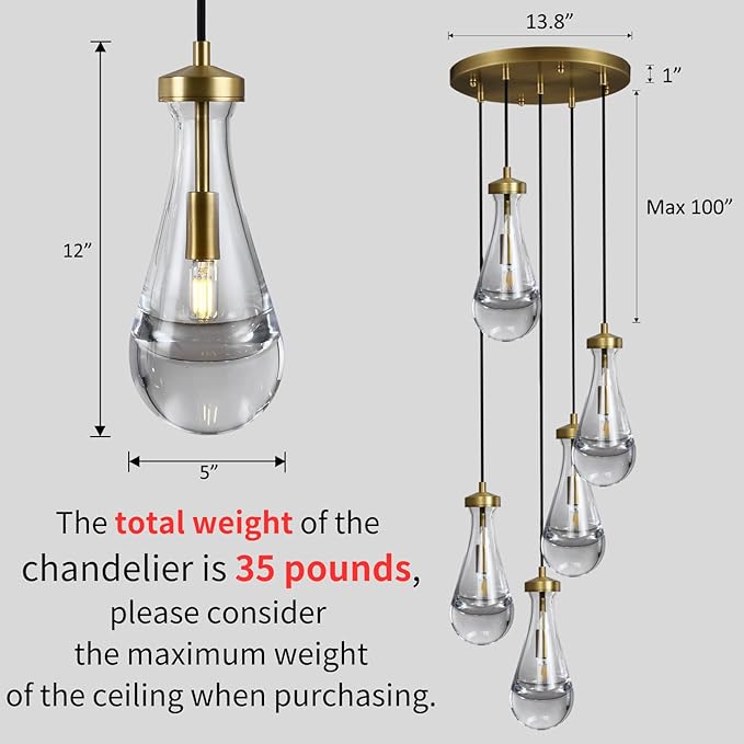 Gold 5 Light Cluster Pendant Lighting, Raindrop Chandeliers Brass Dining Room Lights Fixture, Teardrop Pendant Lights Kitchen Island, Hanging Lamp Ceiling for Entryway Foyer Staircase-HomvellaHome