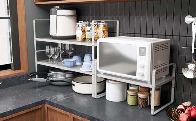 16.5~27.1" Expandable Shelf Organizer, 1Pack 8.1" Wide Stackable Cabinet Shelf Organizers, White Metal Sturdy Kitchen Counter Storage for Countertop, Adjustable Height Spice Rack-HomvellaHome