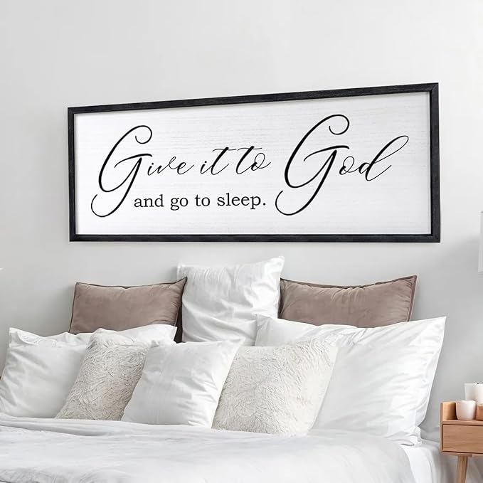 Give It To God And Go To Sleep Sign Wall Decor 40x15 Inch Large Farmhouse Master Bedroom Above Bed Hanging Wall Art Rustic Guest Room Wood Framed Over Bed Wall Decoration (Black)-HomvellaHome