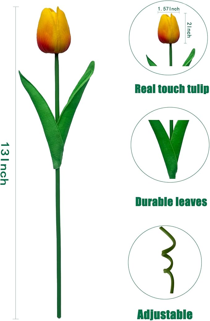 15 Heads Artificial Flowers PU Real Touch Tulip Bouquets Orange Tulips Faux Tulips Latex Fake Flower Bouquet for Spring Wedding Home Décor Centerpiece Arrangements-HomvellaHome