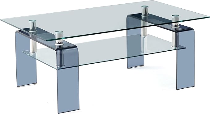 Glass Coffee Table Rectangle Living Room Center Table with Storage, Clear Tempered Glass Tabletop and Smoke Grey Leg,for Living Room and Office (Clear+Smoke)-HomvellaHome