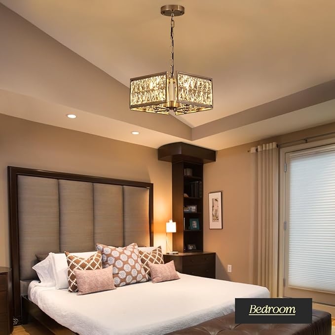 12” 4-Light Modern Crystal Chandeliers Nickel Dinning Room Light Fixture, Square Pendant Light Kitchen Island Chandelier, Flush Mount Ceiling Light for Living Room Entryway Bedroom Foyer-HomvellaHome