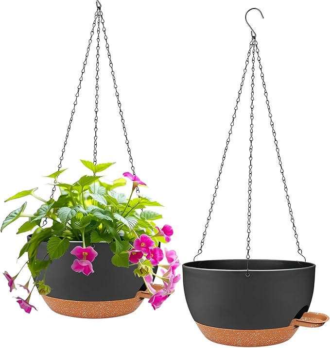 2 Pack Hanging Planters for Indoor Outdoor Plants, 12 Inch Self Watering Hanging Pot with Drainage Holes and Saucer, Plastic Plant Pots, Black Brown Flower Pots for Kitchen, Balcony, Garden-HomvellaHome