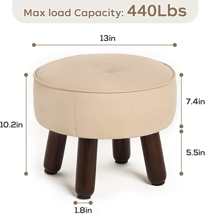 13in Small Foot Stool Ottoman, Round Faux Leather Foot Rest for Couch, Under Desk Pouf Footstool Footrest with Non-Skid Rubber Legs for Ling Room, Bedroom, 13''L x 13''W x 10.2''H, Beige-HomvellaHome
